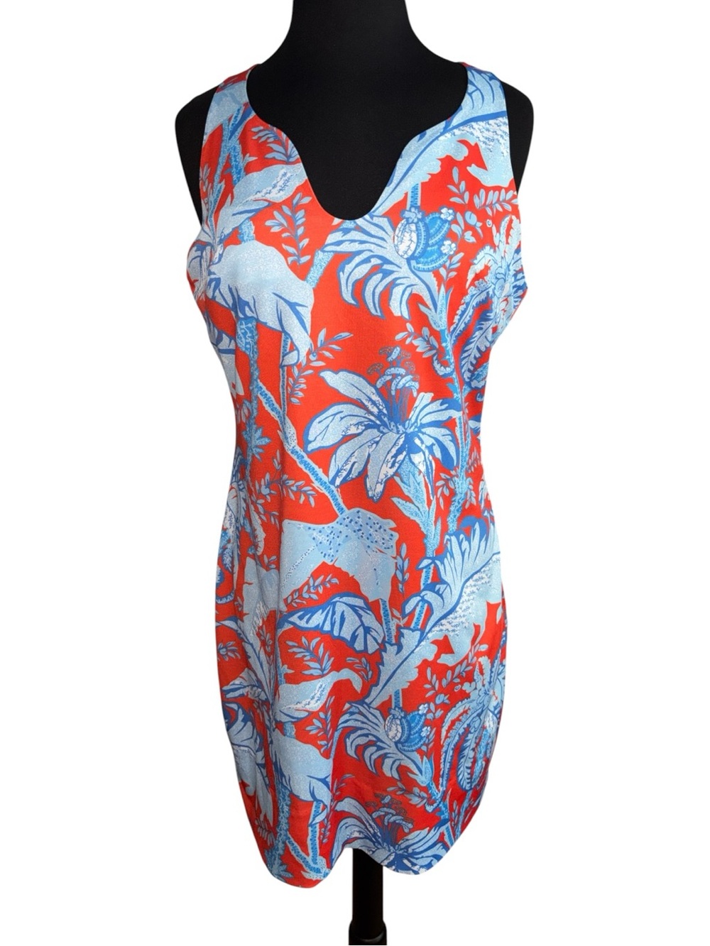 Gretchen Scott Bright Coral Dress w/Sky Blue Leaf Print, P:19”, L:36”, NWOT
